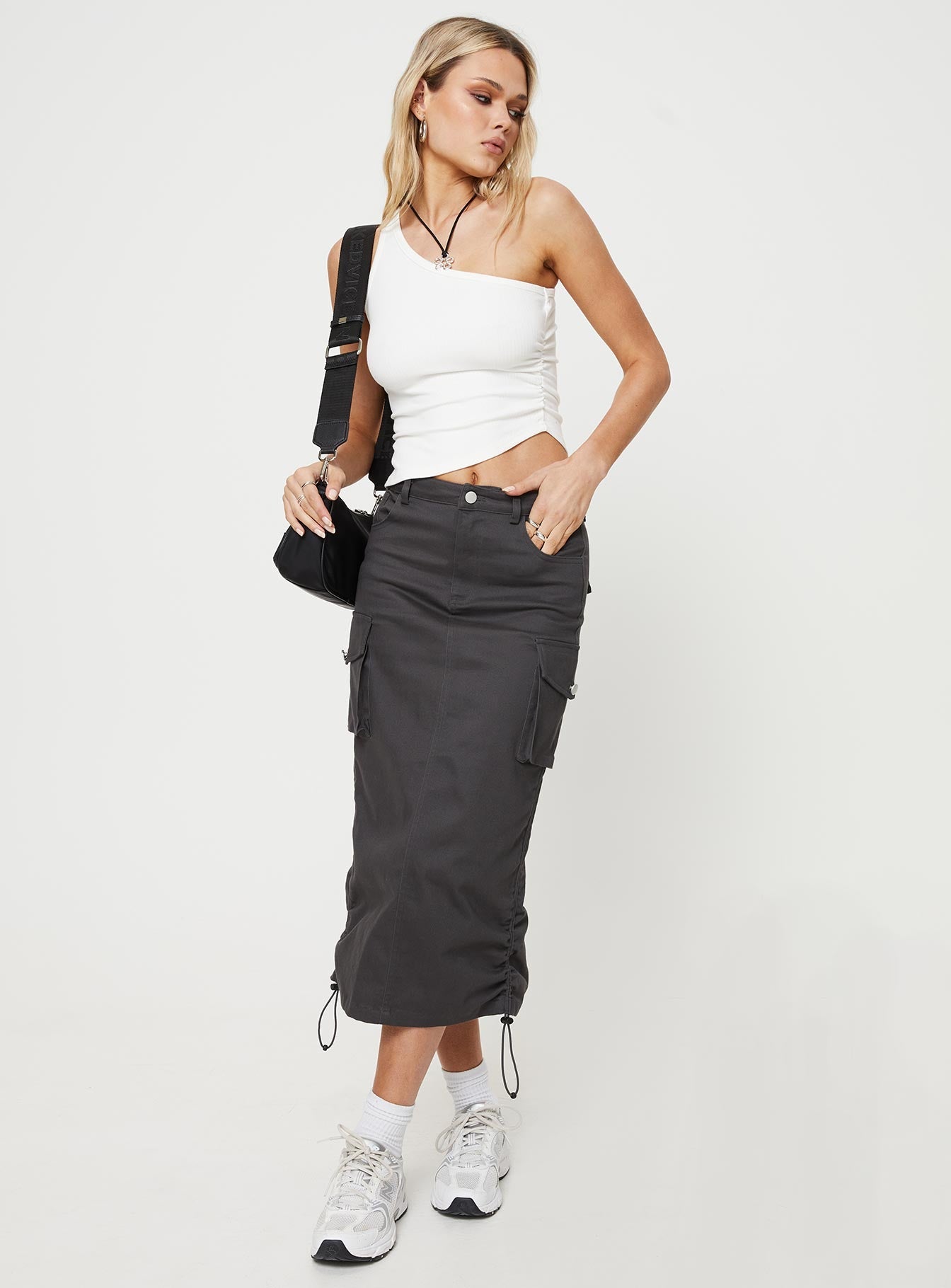 Front view of model wearing  front Bellows Cargo Midi Skirt Washed Black Princess Polly  Midi Skirts 