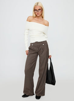 front view of model wearing Princess Polly Briellea Thick Waistband Pant Pinstripe Low Rise Pants 