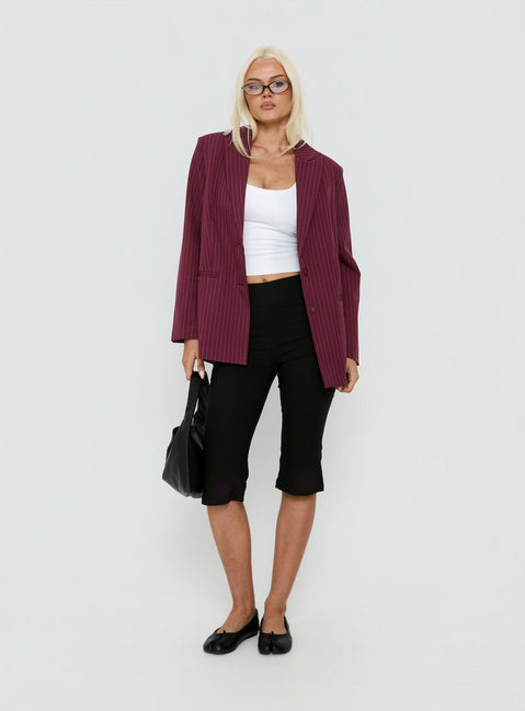 Crowd Pleaser Pinstripe Oversized Blazer Burgundy Pinstripe