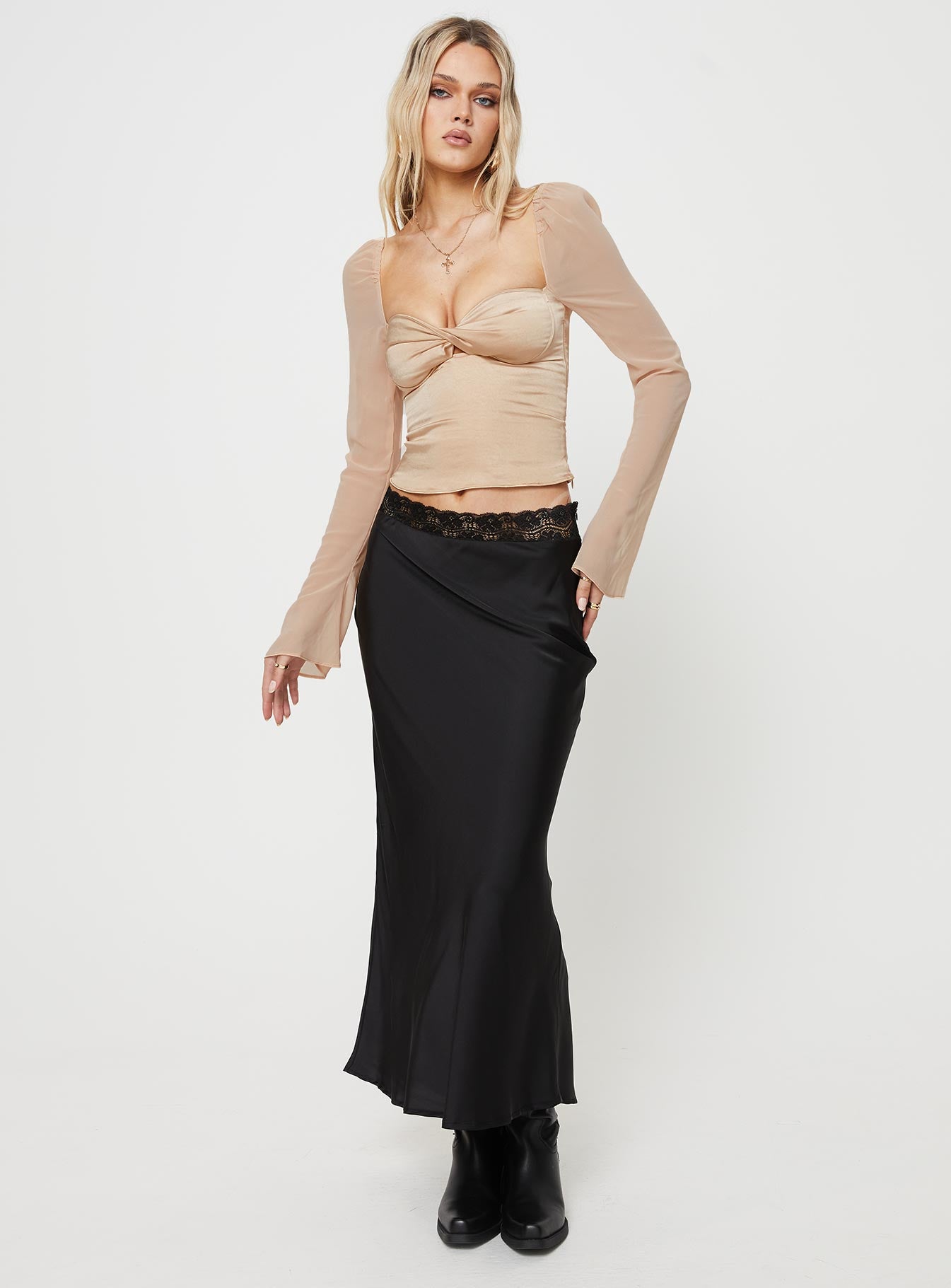 Pavel Long Sleeve Satin Top Cream