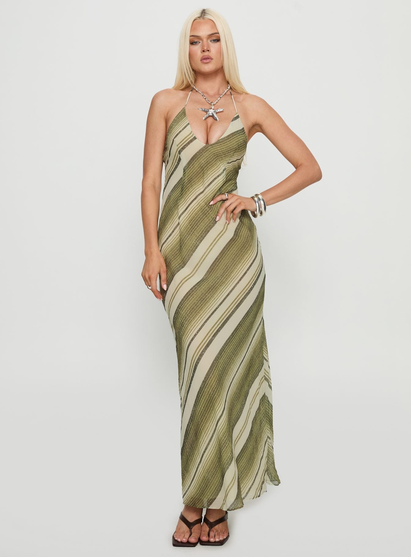 Esmira Halter Maxi Dress Green Stripe