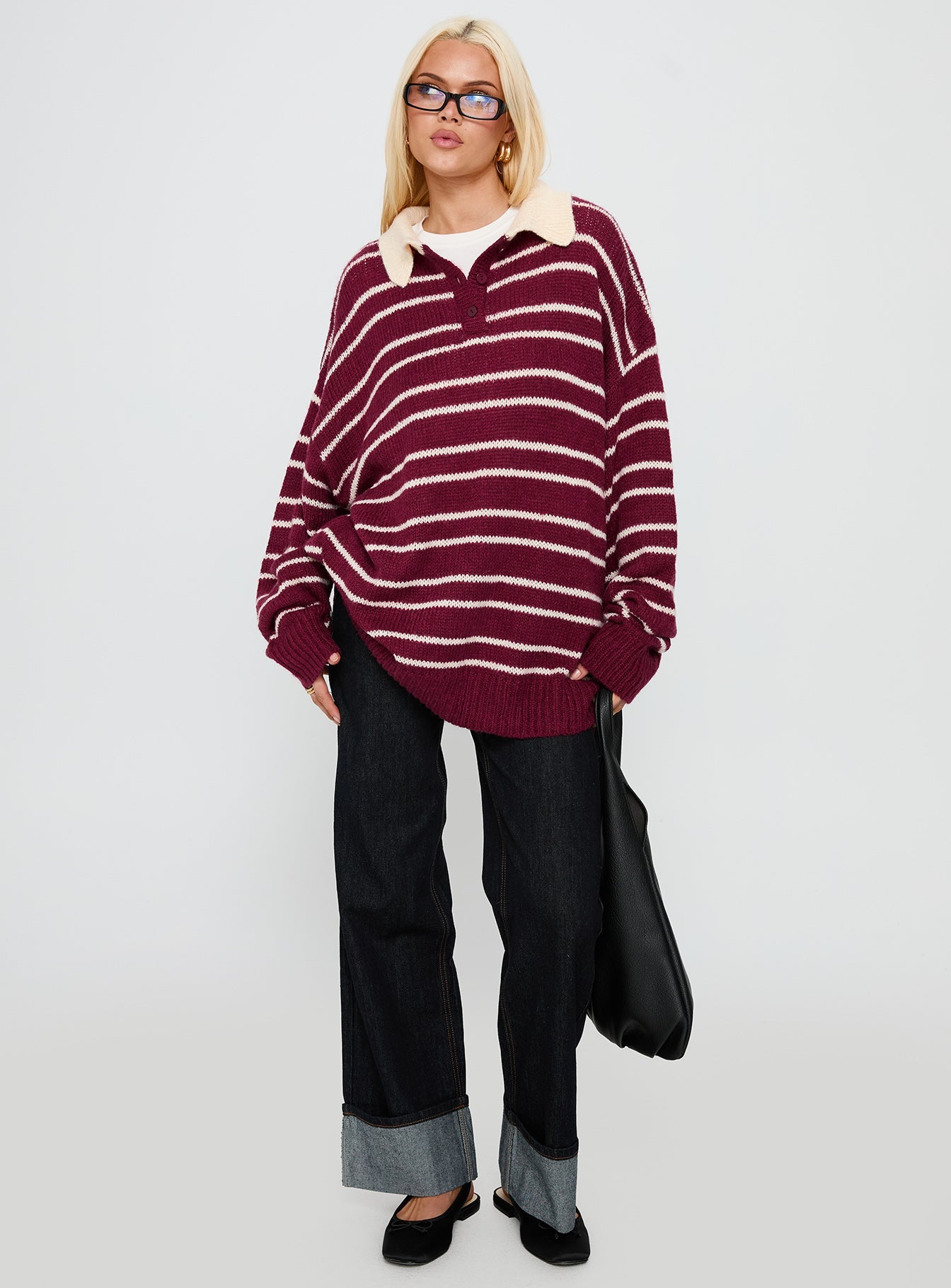 front view of model wearing Princess Polly Rising Sun Jersey Crimson Longline Jumpers 