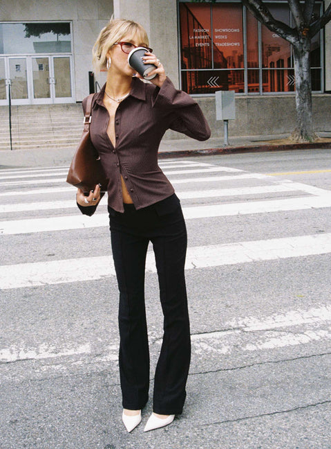 front view of model wearing Princess Polly Caraway Pants Black Low Rise Pants 