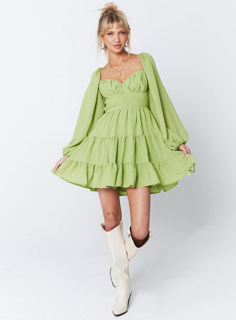 Front view of model wearing  front Princess Polly Scoop Neck  Danny Long Sleeve Mini Dress Green