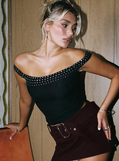 back view of model wearing Princess Polly Jewels Off The Shoulder Top Black Sleeveless straight 