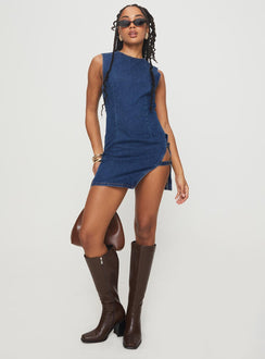 front view of model wearing Princess Polly Eilein Sculpted Denim Mini Dress Dark Wash Crew Neck 