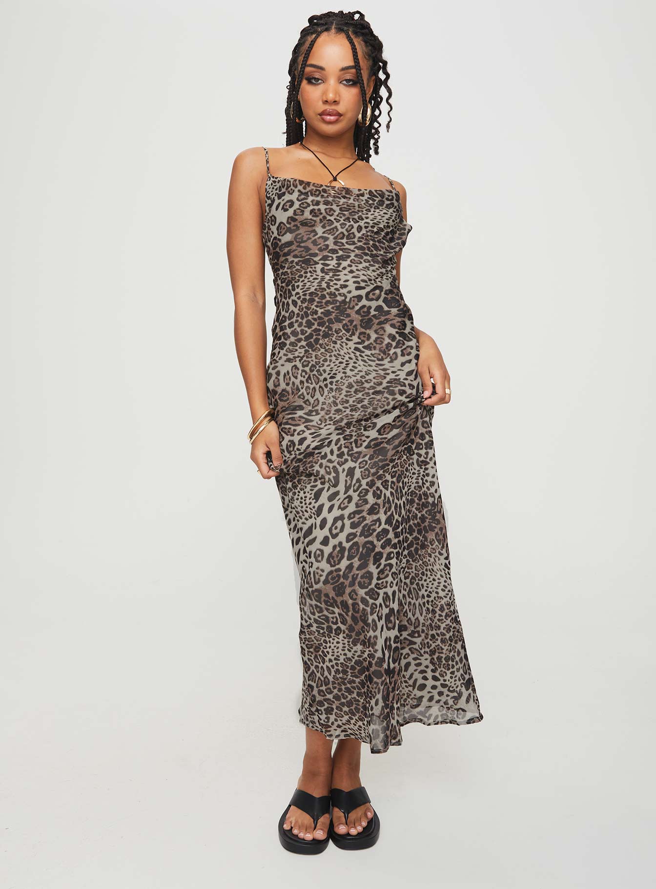 front view of model wearing Princess Polly Declynn Bias Cut Maxi Dress Leopard Asymmetric Neckline 