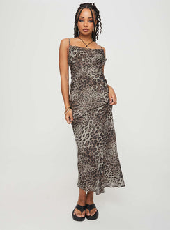 front view of model wearing Princess Polly Declynn Bias Cut Maxi Dress Leopard Asymmetric Neckline 