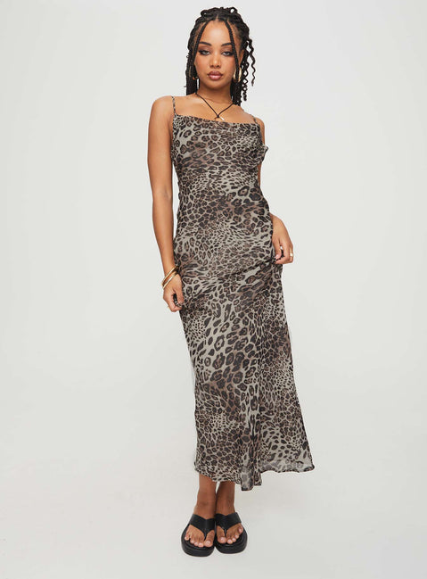 front view of model wearing Princess Polly Declynn Bias Cut Maxi Dress Leopard Asymmetric Neckline 