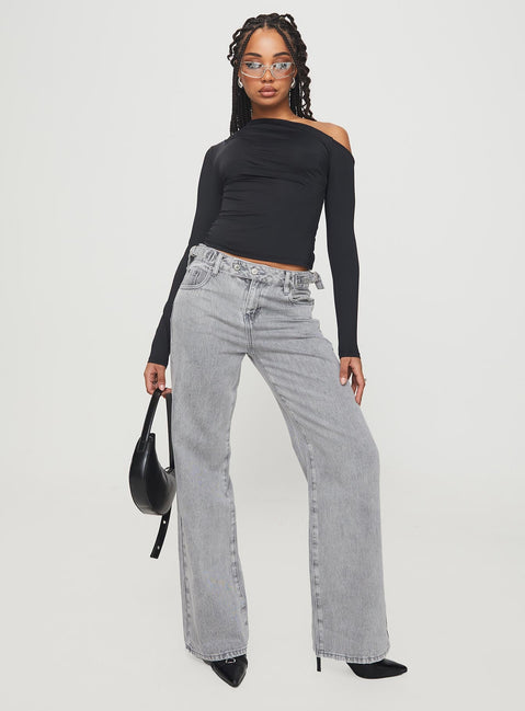 front view of model wearing Princess Polly Scheana Low Rise Jeans Steel Grey Mid Rise 