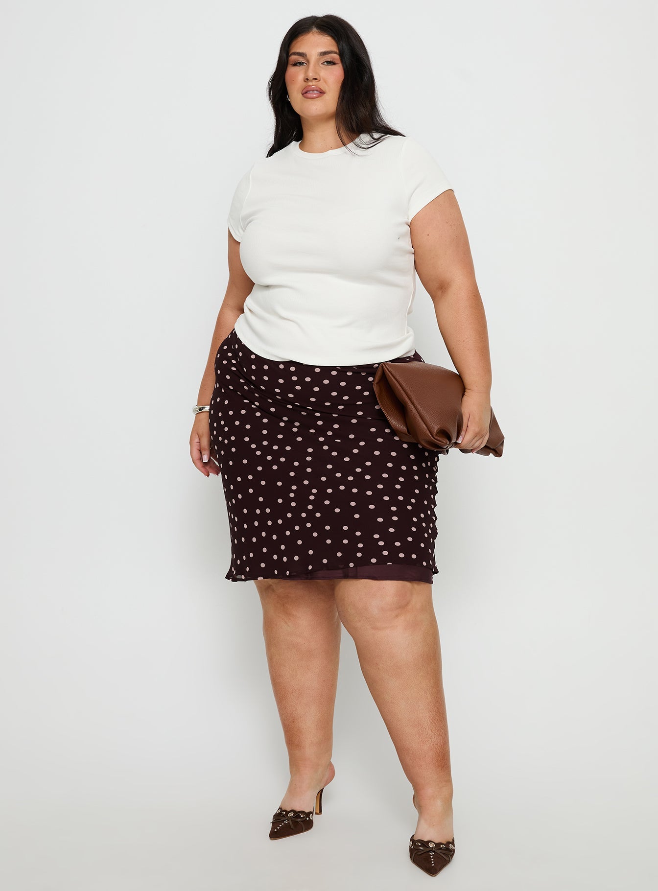 Sydni Midi Bias Cut Skirt Chocolate / Pink Polka Curve