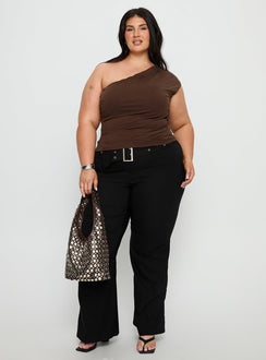 side view of model wearing Princess Polly Kortnee Eyelet Detail Flare Leg Pants Black Curve Mid Rise Pants 
