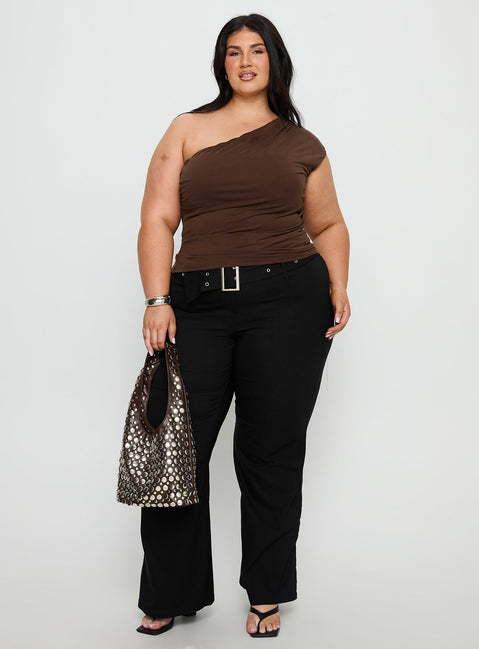 side view of model wearing Princess Polly Kortnee Eyelet Detail Flare Leg Pants Black Curve Mid Rise Pants 