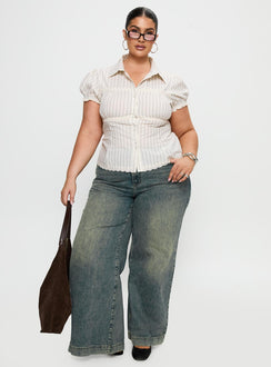 front view of model wearing Princess Polly Deserve You Puff Sleeve Button Front Top Cream Stripe Curve Short Sleeves V-Neck 