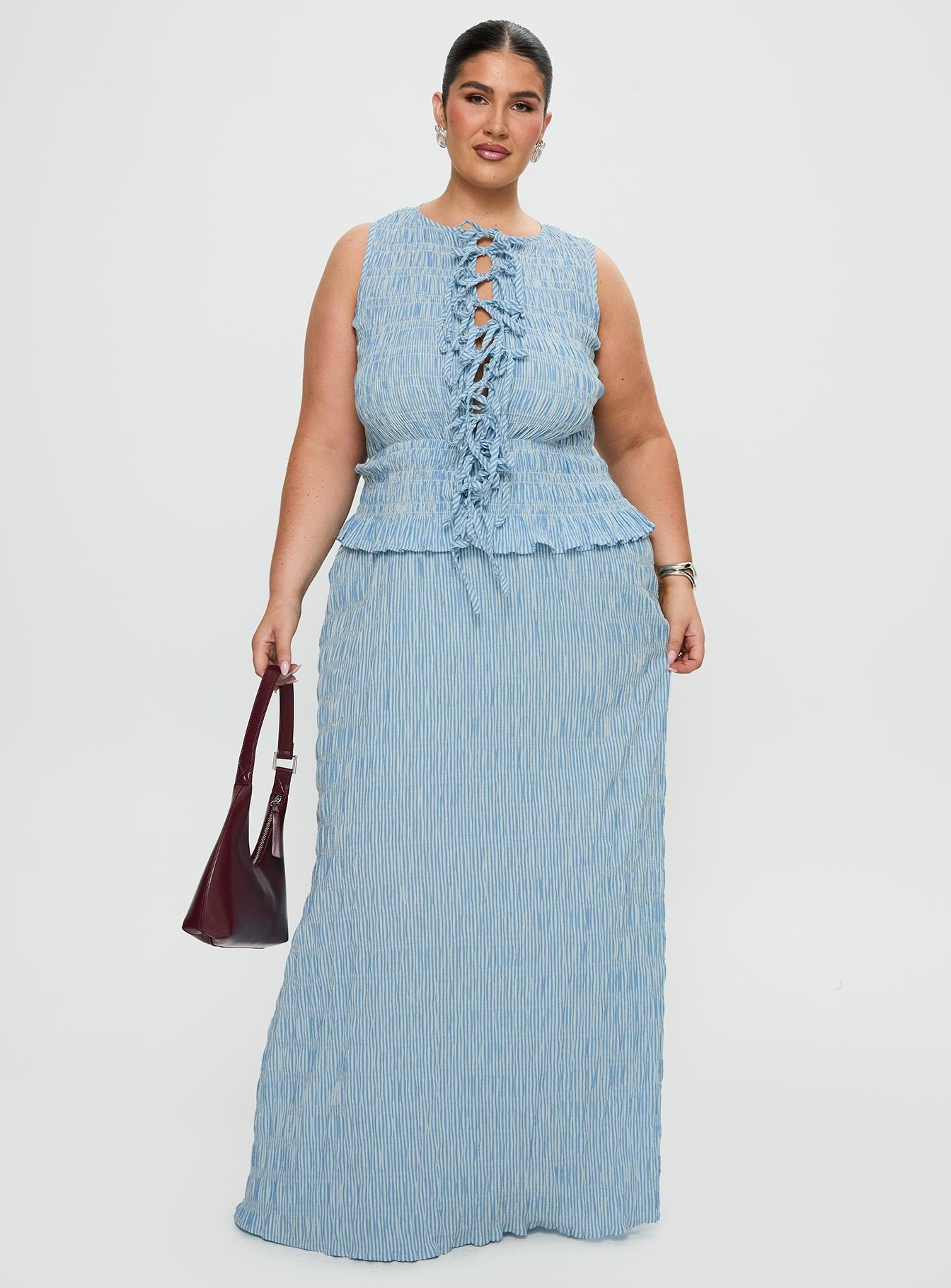 side view of model wearing Princess Polly Songbird Shirred Maxi Dress Blue Curve Crew Neck 