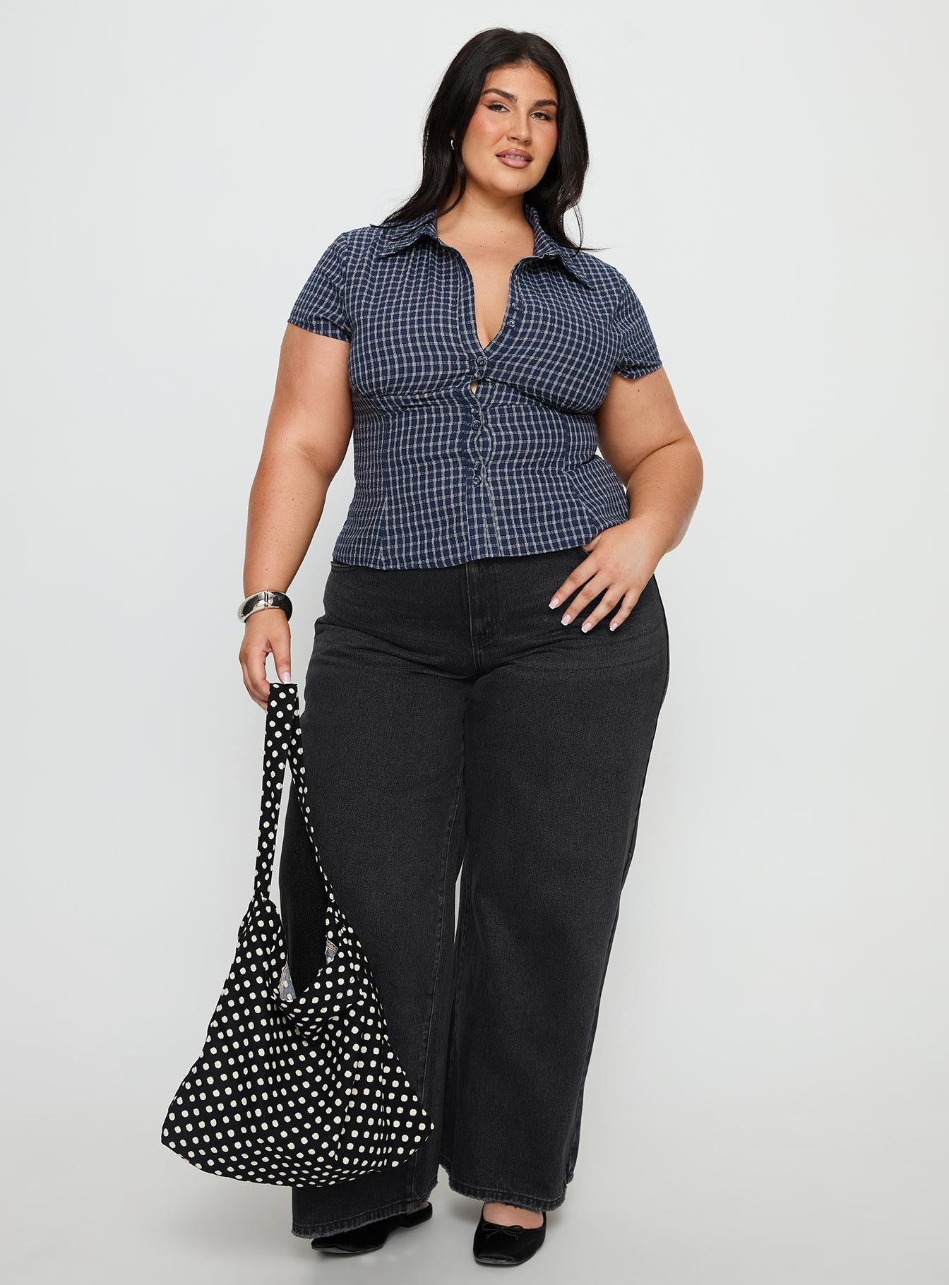 Cottesloe Blouse Top Navy Check Curve