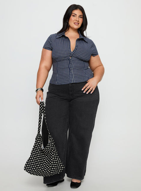 Cottesloe Blouse Top Navy Check Curve