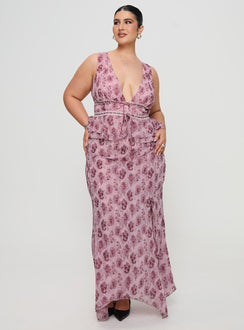   front view of model wearing Princess Polly Nikolise Maxi Skirt Purple Curve Maxi 
