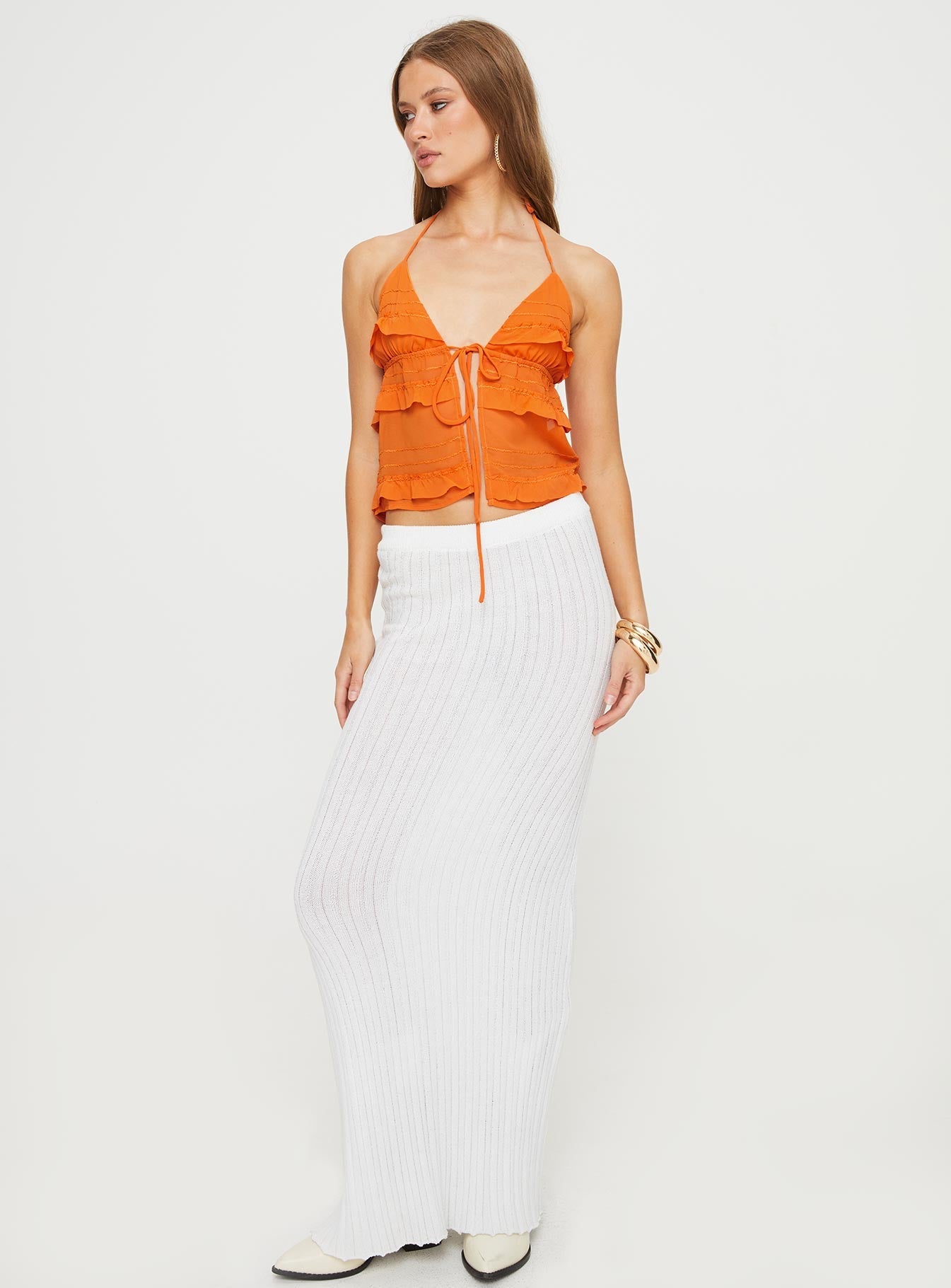 Ruffle crop top Halter neck tie fastening, tie fastening at bust, open front  Good stretch, lined bust 