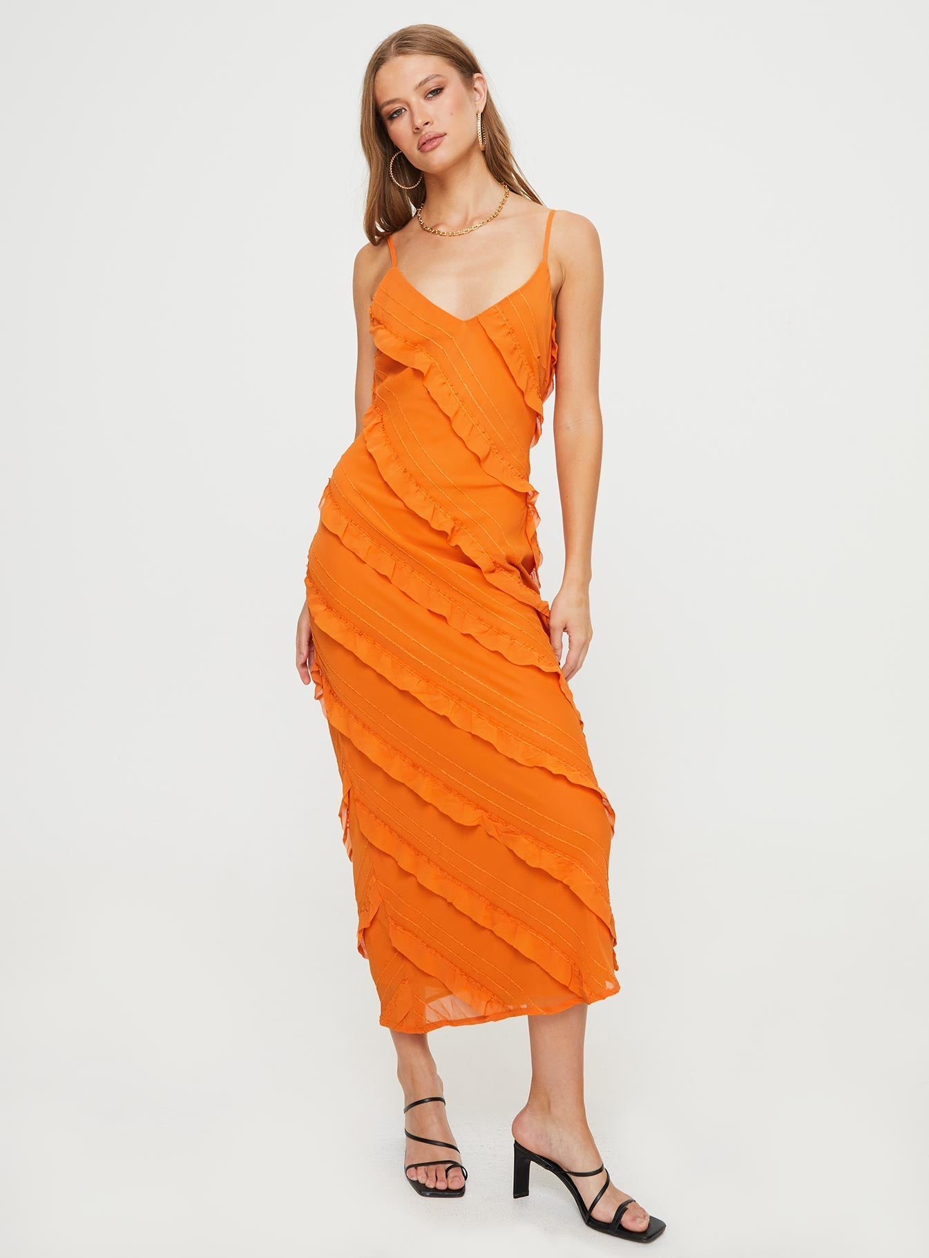 Maxi dress Diagonal stitching design, adjustable shoulder straps, v-neckline, invisible zip fastening Non-stretch, fully lined