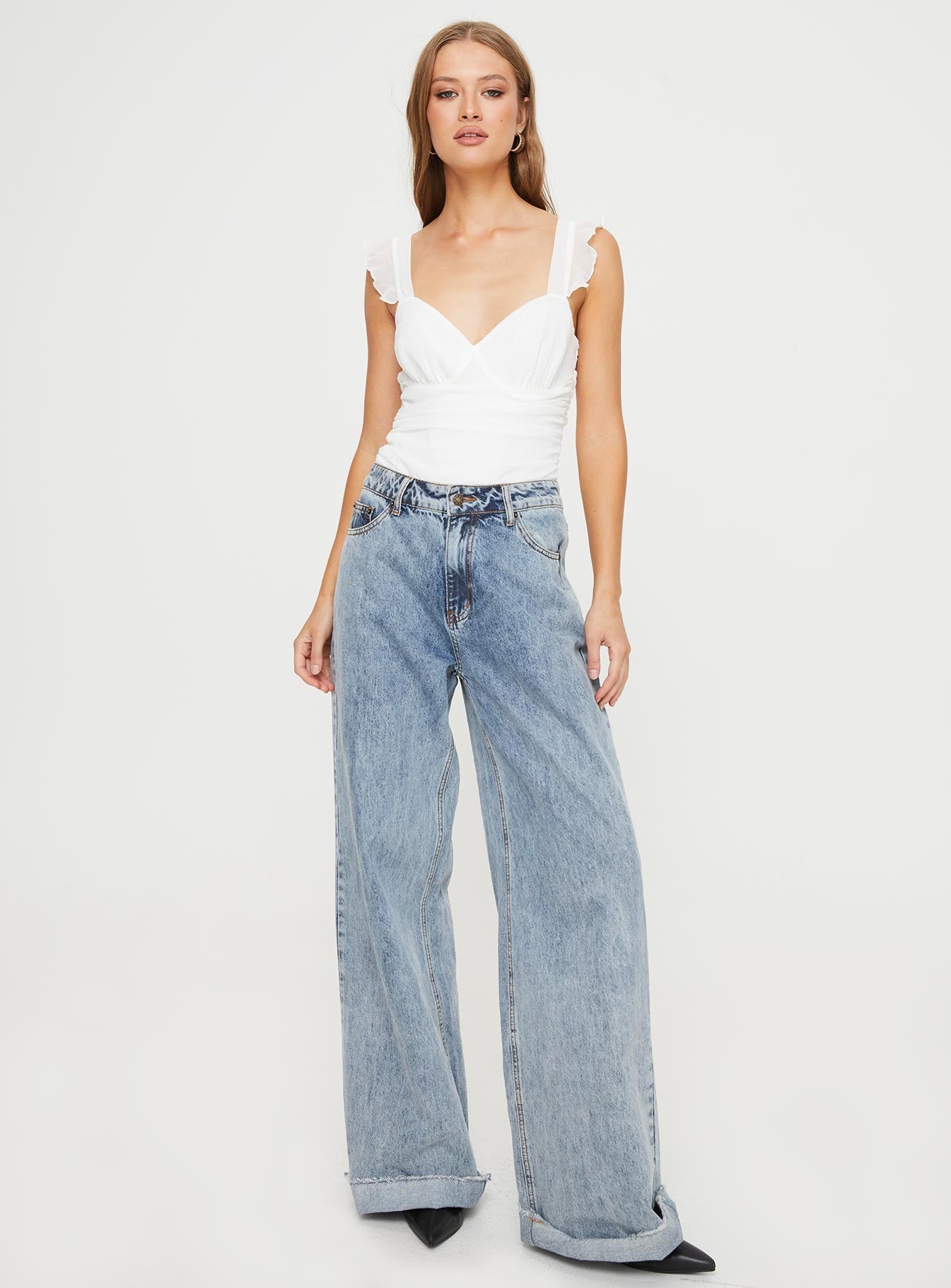 Bodysuit Sweetheart neckline, ruching throughout, frill detail on straps, invisible zip fastening at side, press clip fastening at base  Non-stretch, fully lined 