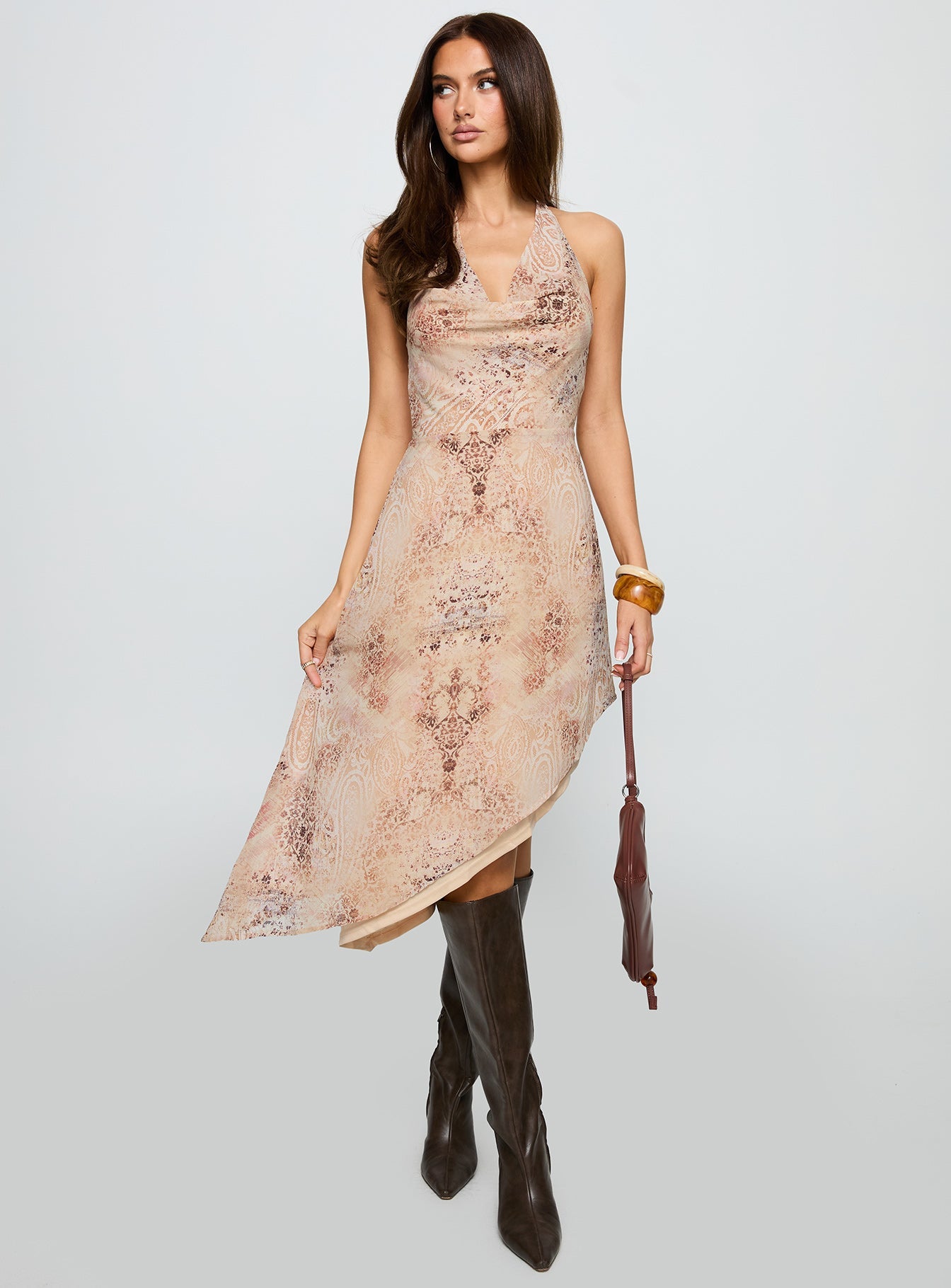 front view of model wearing Princess Polly Zolena Halter Asymmetrical Midi Dress Multi Cowl Neck 