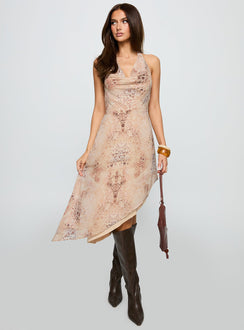 front view of model wearing Princess Polly Zolena Halter Asymmetrical Midi Dress Multi Cowl Neck 