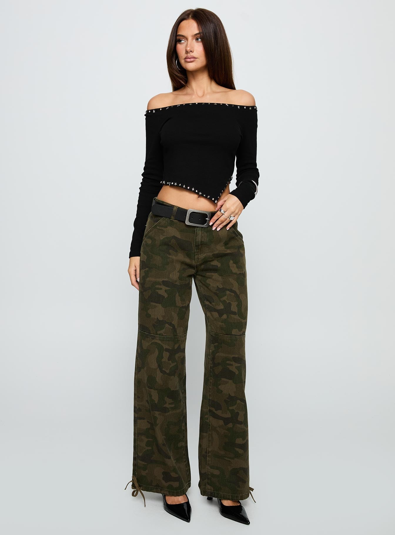Strike Out Mid Rise Wide Leg Jeans Camouflage