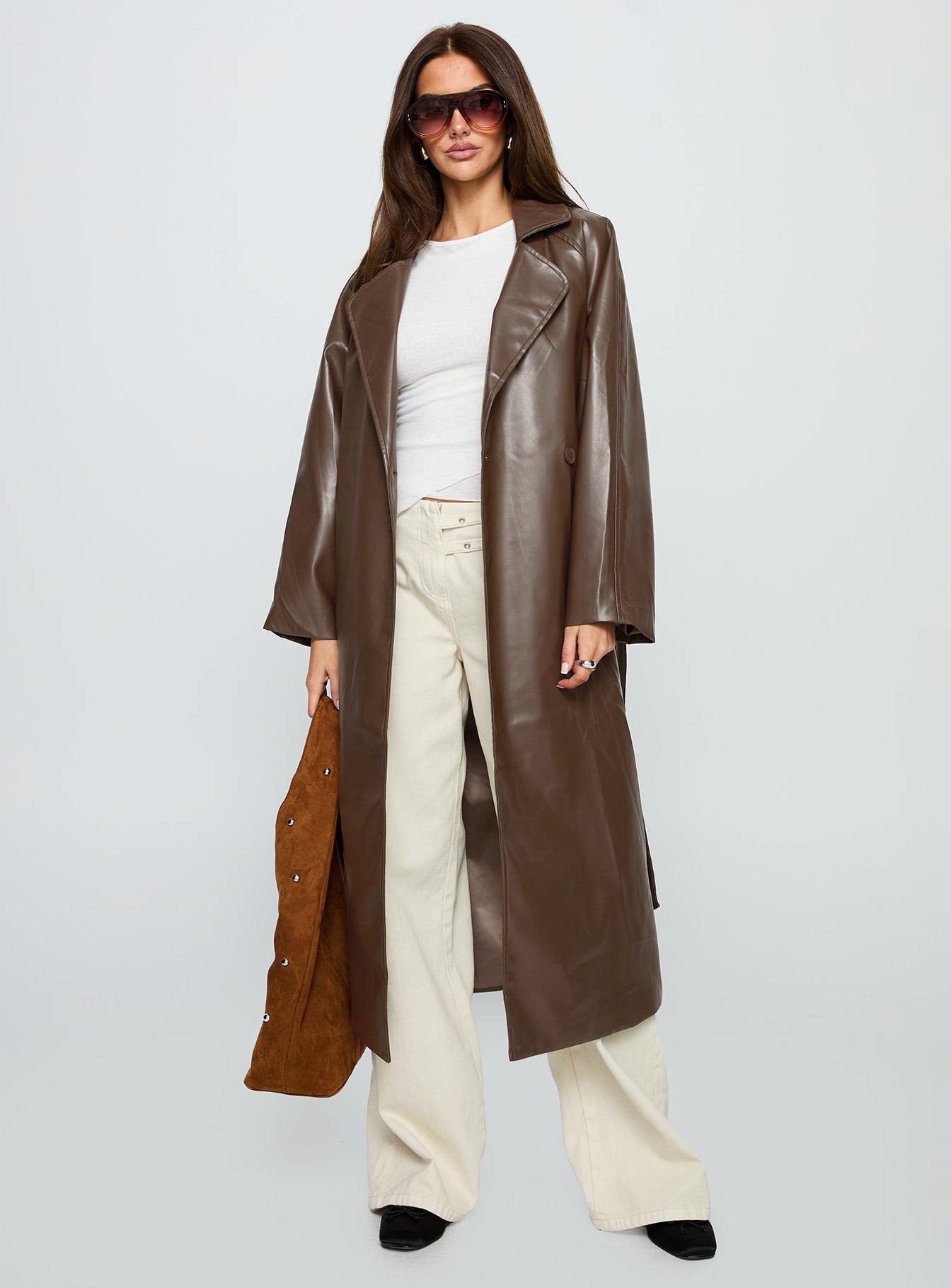 Dime A Dozen Faux Leather Trench Coat Brown
