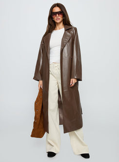 Dime A Dozen Faux Leather Trench Coat Brown