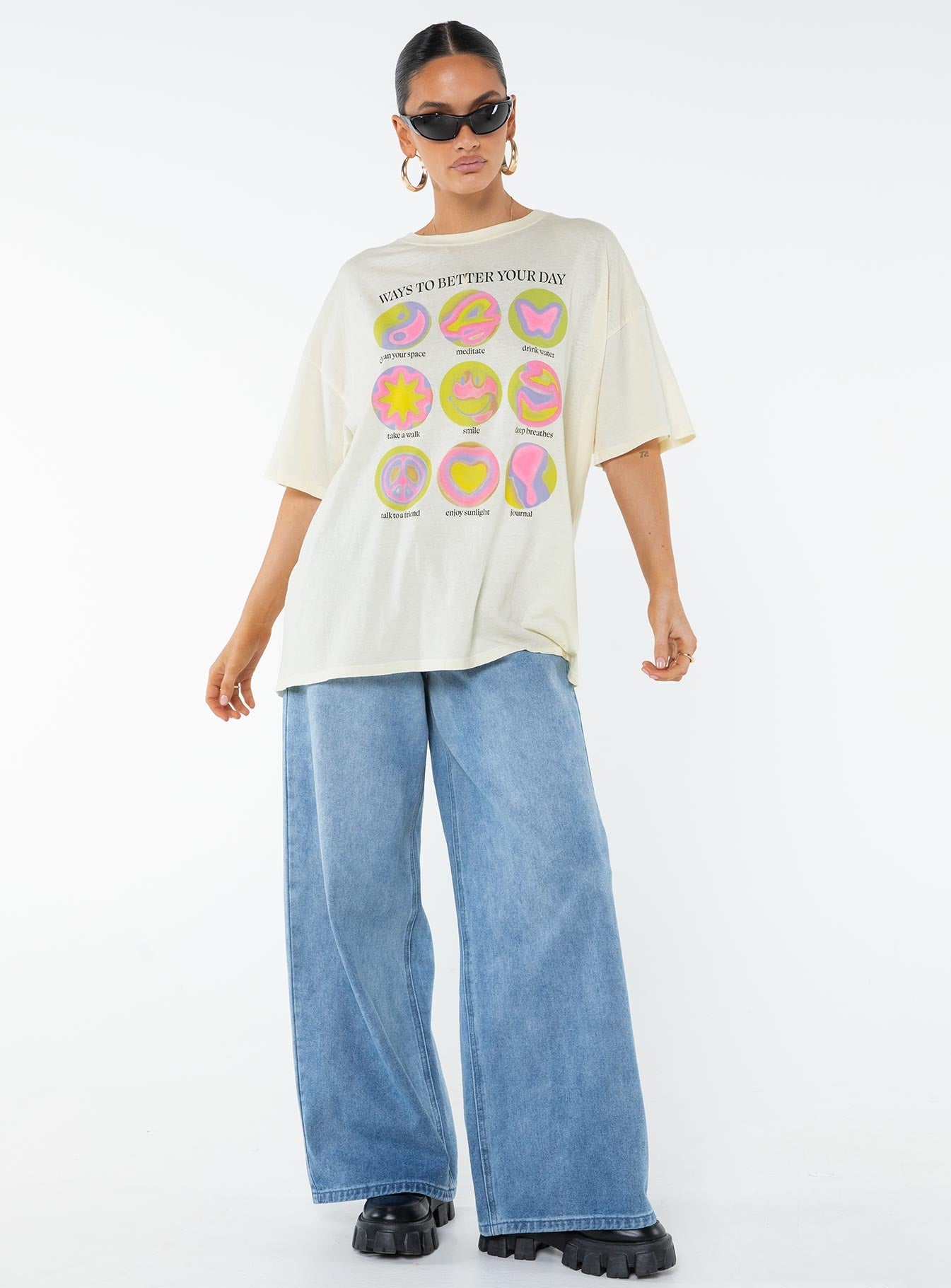 product Princess Polly Half Sleeves Boat Neck  Ways To Better Your Day Oversized Tee Cream