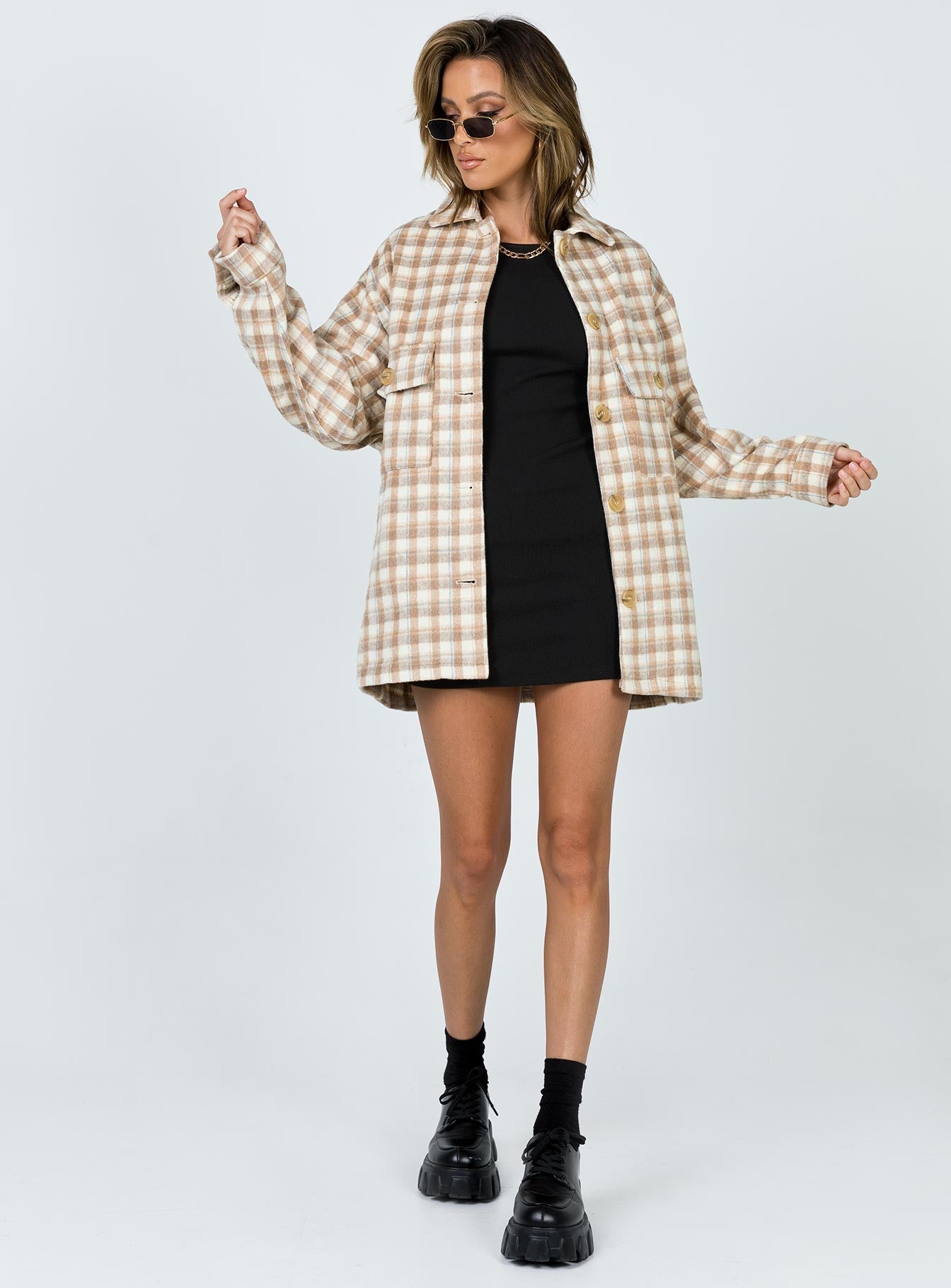 Oversized shirt jacket, beige plaid print, button up, long sleeve, oversized design