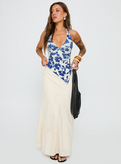 front view of model wearing Princess Polly Chilli Halter Top Blue Floral Sleeveless Plunger 