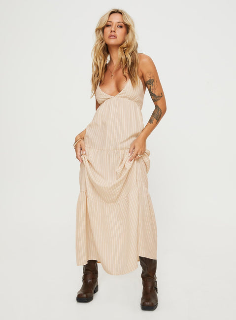 Leder Maxi Dress Beige Stripe