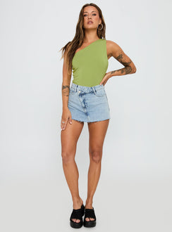 front view of model wearing Princess Polly Ferrera One Shoulder Bodysuit Green Sleeveless 