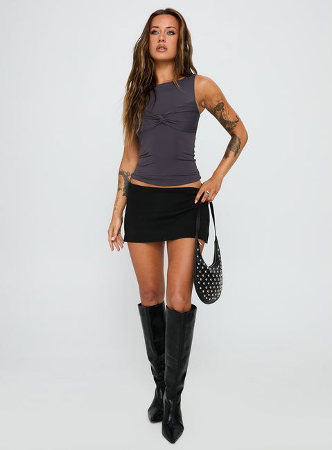 front view of model wearing Princess Polly Azaire Twist Top Slate Sleeveless Crew Neck 