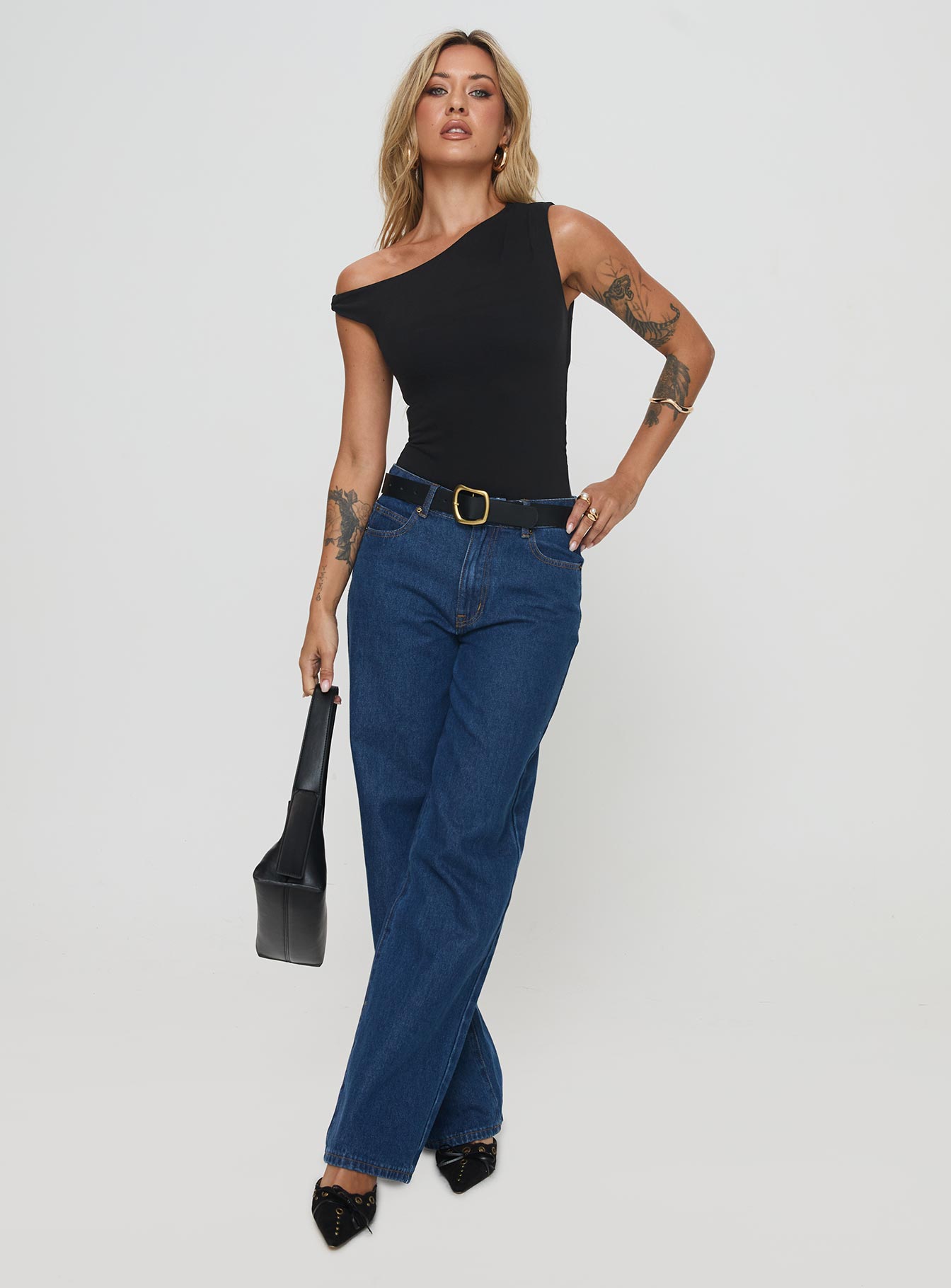 side view of model wearing Princess Polly Miyako Bodysuit Black Tall Sleeveless 