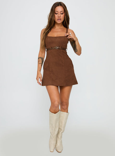 front view of model wearing Princess Polly Way Back In Faux Suede Mini Dress Brown Square Neck 