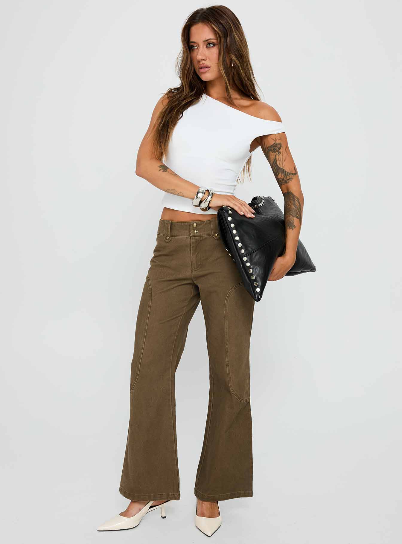 Cuzco Low Rise Flared Cargo Jeans Dark Khaki