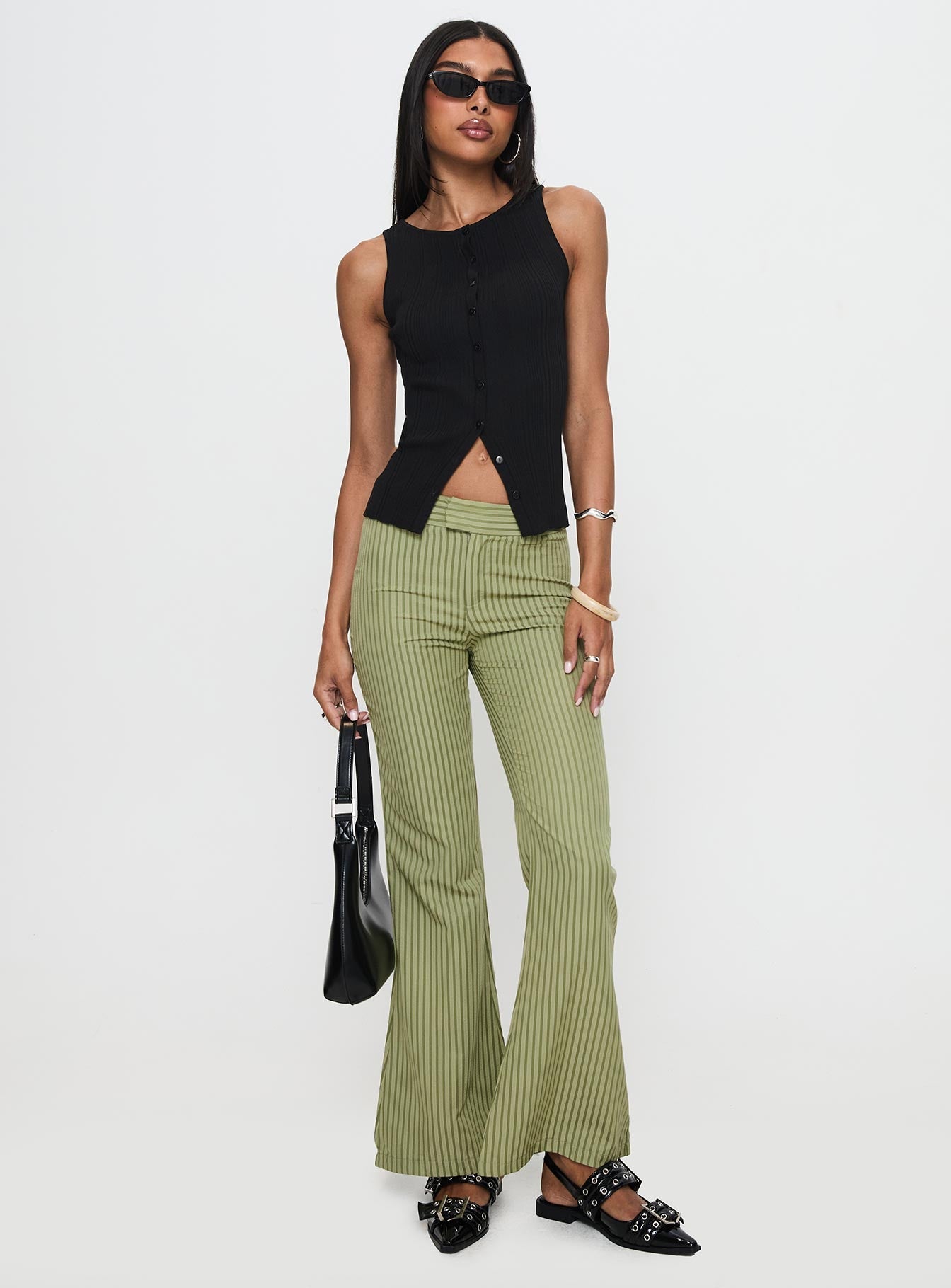 front view of model wearing Princess Polly Jinxed Pant Green Stripe 