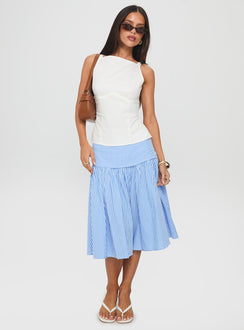   side view of model wearing Princess Polly Raelan Tiered Midi Skirt Blue Stripe Midi Skirts 