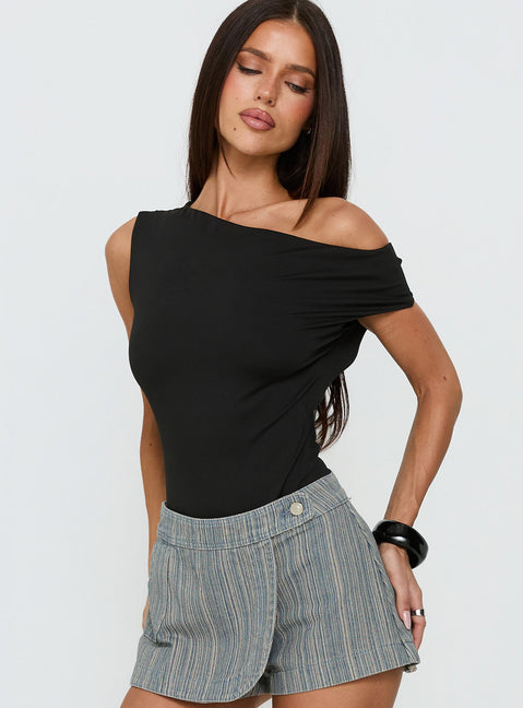 back view of model wearing Princess Polly Back To Back Off Shoulder Twist Back Bodysuit Black Short Sleeve Bodysuit 