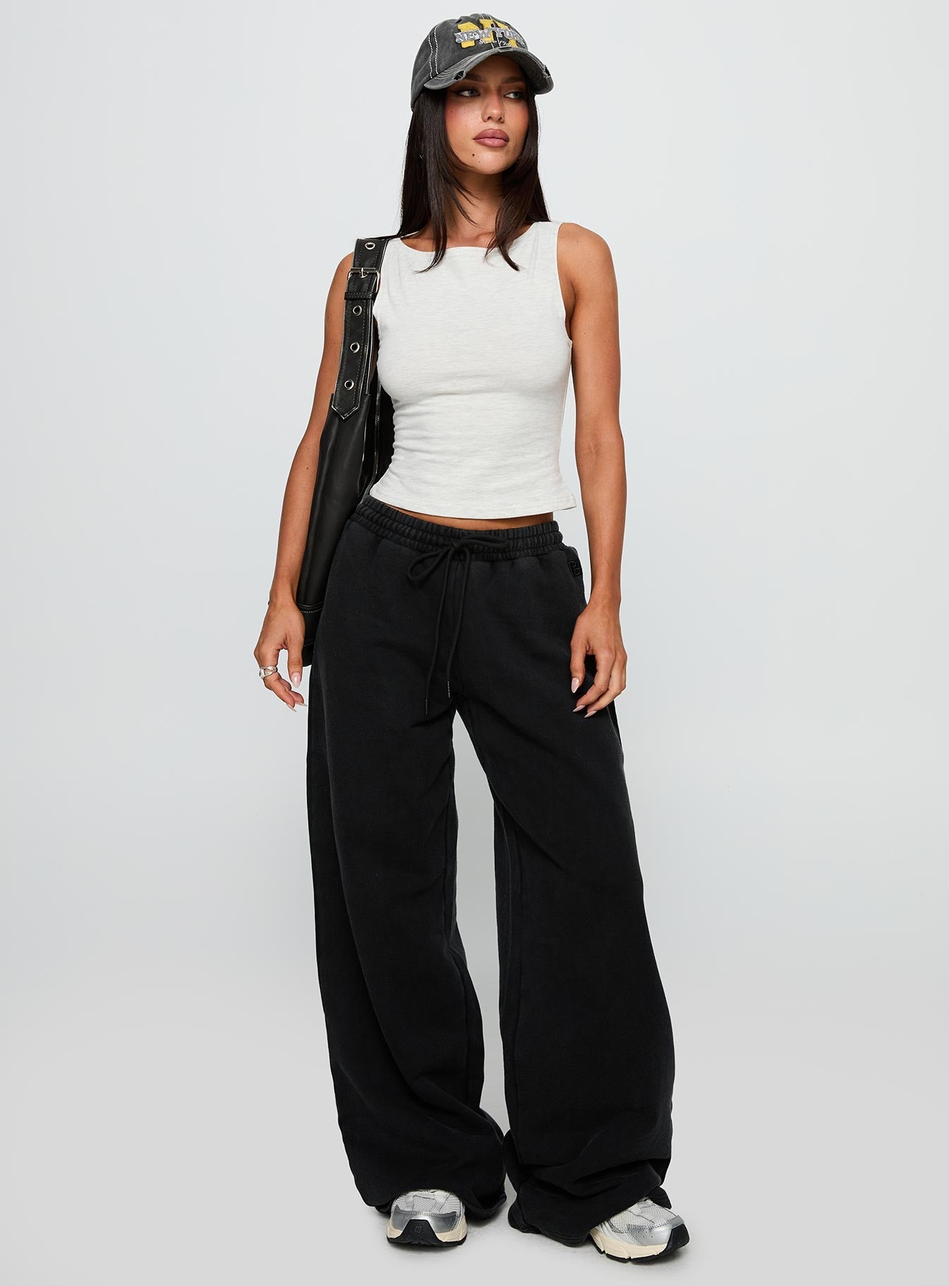 back view of model wearing Princess Polly Bleeker High Neck Top Grey Marle Sleeveless Crew Neck 