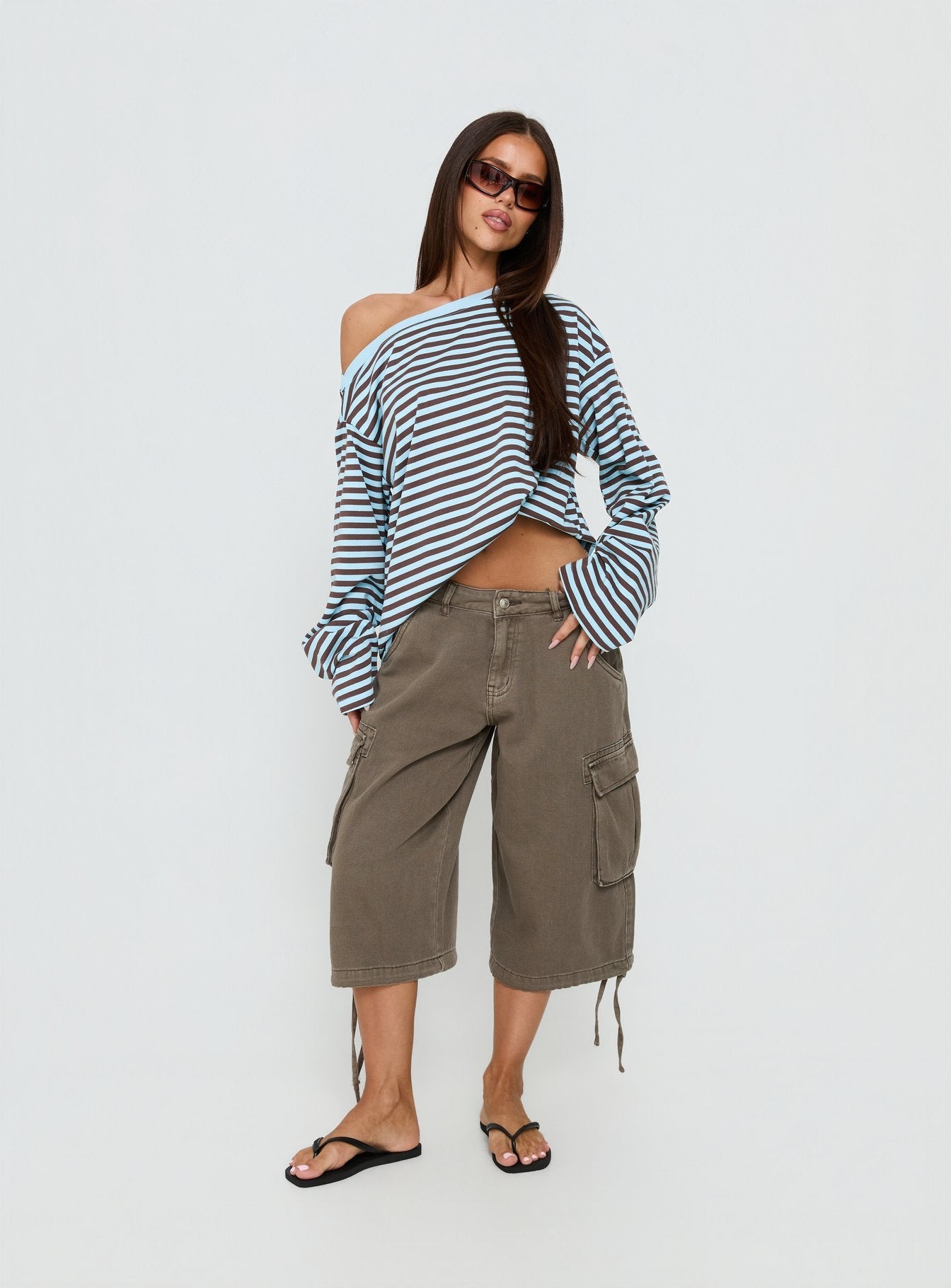 Settle Down One Shoulder Long Sleeve Top Chocolate / Blue Stripe