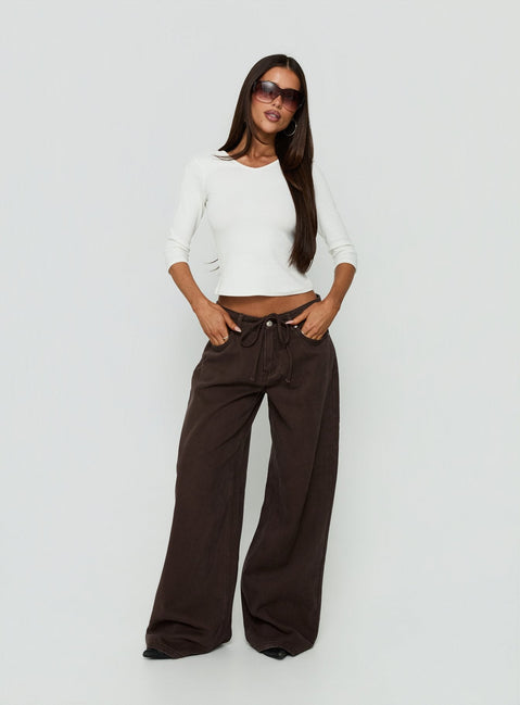 Ramos Low Rise Tie Waist Wide Leg Jeans Washed Chocolate