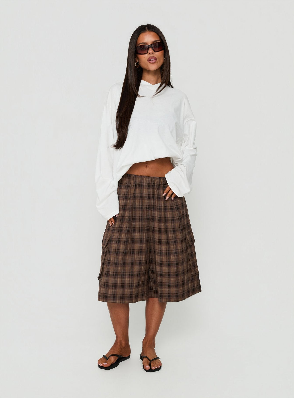 Brenn Baggy Longline Shorts Brown Plaid