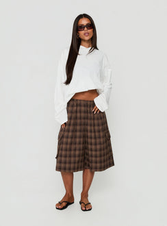 Brenn Baggy Longline Shorts Brown Plaid