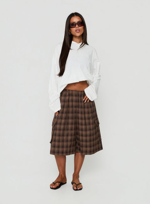 Brenn Baggy Longline Shorts Brown Plaid