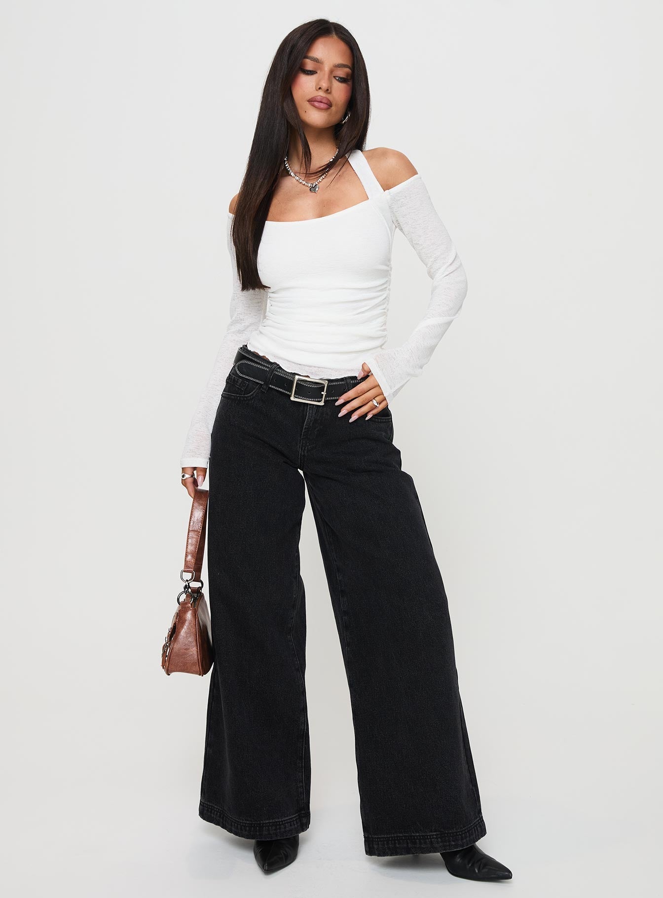 front view of model wearing Princess Polly Shivers Halter Long Sleeve Top White Full Sleeves 