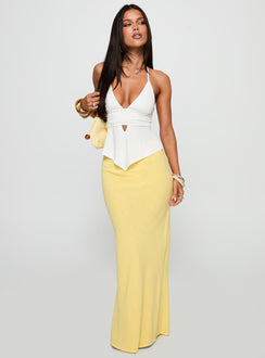   front view of model wearing Princess Polly Jodie Maxi Skirt Lemon Yellow Maxi Skirts Skirts 